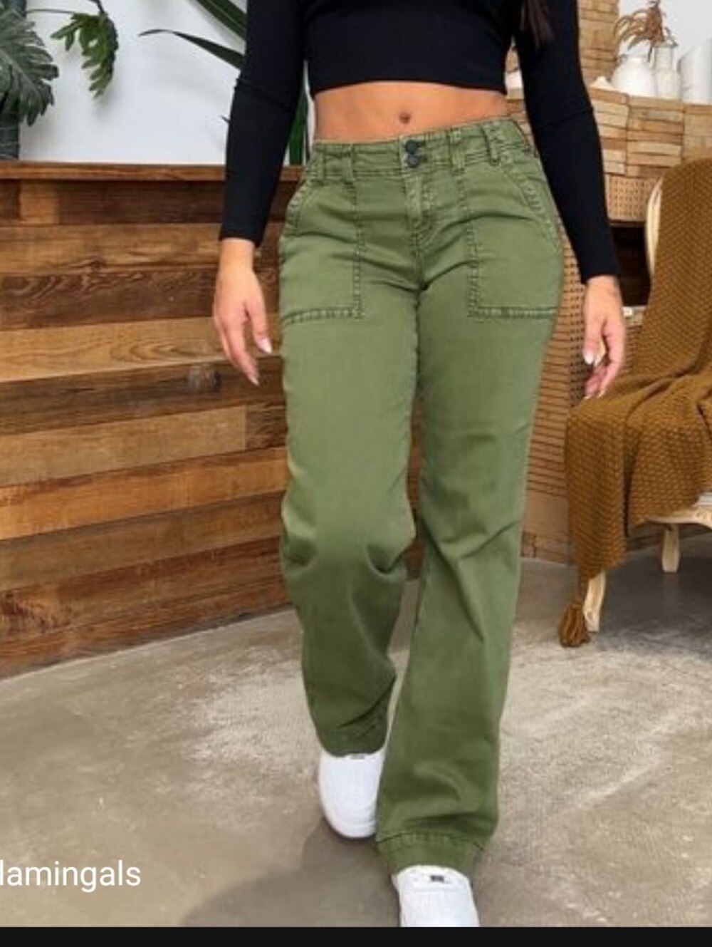 Flamingals Double Button Mid Waist Straight Leg Pants NWT Green Medium